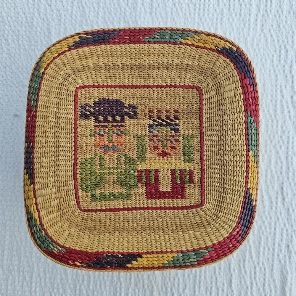 Vintage Handwoven South American Square Lidded Basket vibrant